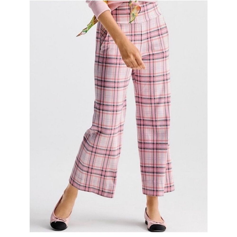 Cabi Playdate Crop Wide Leg Pant Pink Plaid Womens Medium